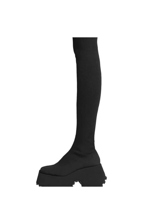 Black Knee High Boots For Ladies Block Heel Stretch Knit Convertible Two Way Wear Warm Lining For Daily Wear And Outdoor Activities All Season Size 42