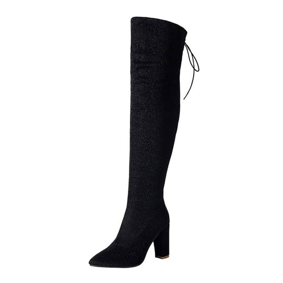Black Knee High Boots With Sparkle Embellishment, Side Zipper, Chunky Heel For Women'S Night Out