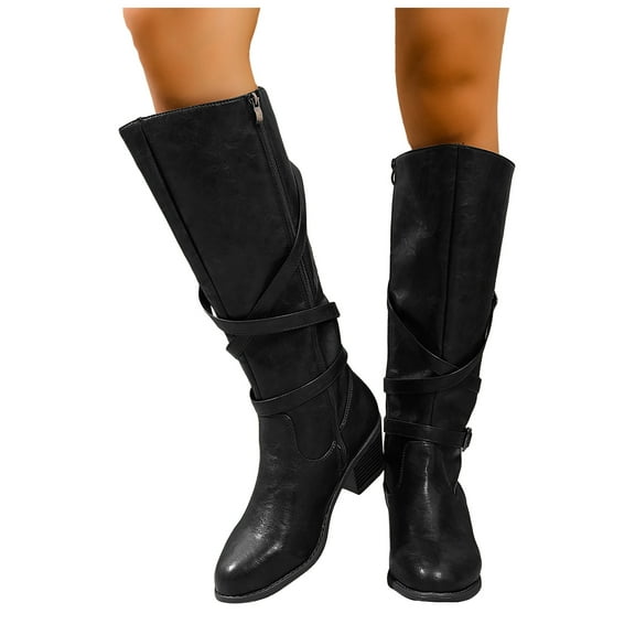 Black Knee High Boots Women Wide Calf Vintage Leather Stacked Heel Zipper Strappy Long Winter Riding Booties