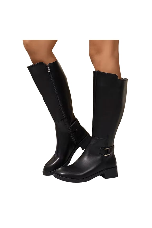 Black Knee High Boots for Women Winter Leather Round Toe Low Heel Zipper Motorcycle Riding Tall Booties
