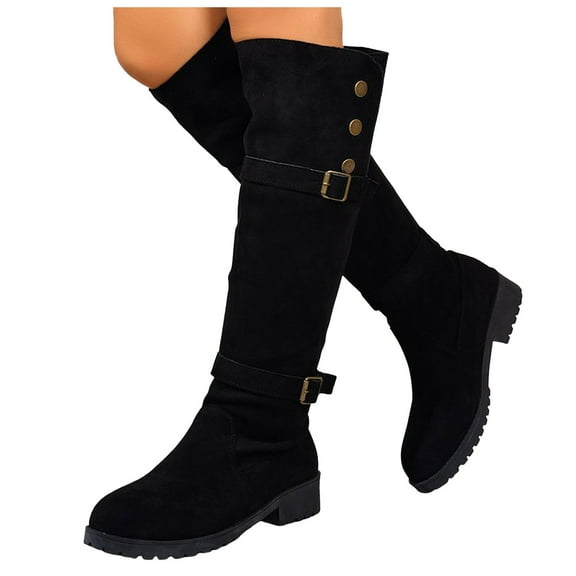 Black Knee High Fall Boots Women Suede Buckle Strap Chunky Low Heel Winter Tall Motorcycle Riding Booties