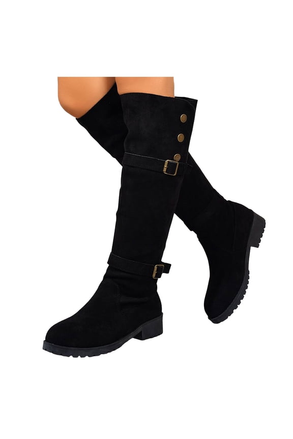 Black Knee High Fall Boots Women Suede Buckle Strap Chunky Low Heel Winter Tall Motorcycle Riding Booties