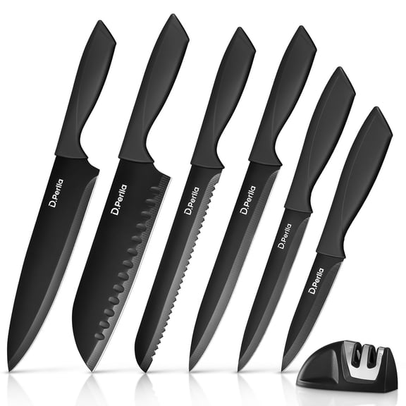 Black Knife Set with Sharpener 7 Pieces Stainless Steel Kitchen Knives with Nonstick Coating Dishwasher Safe Easy Grip Handle