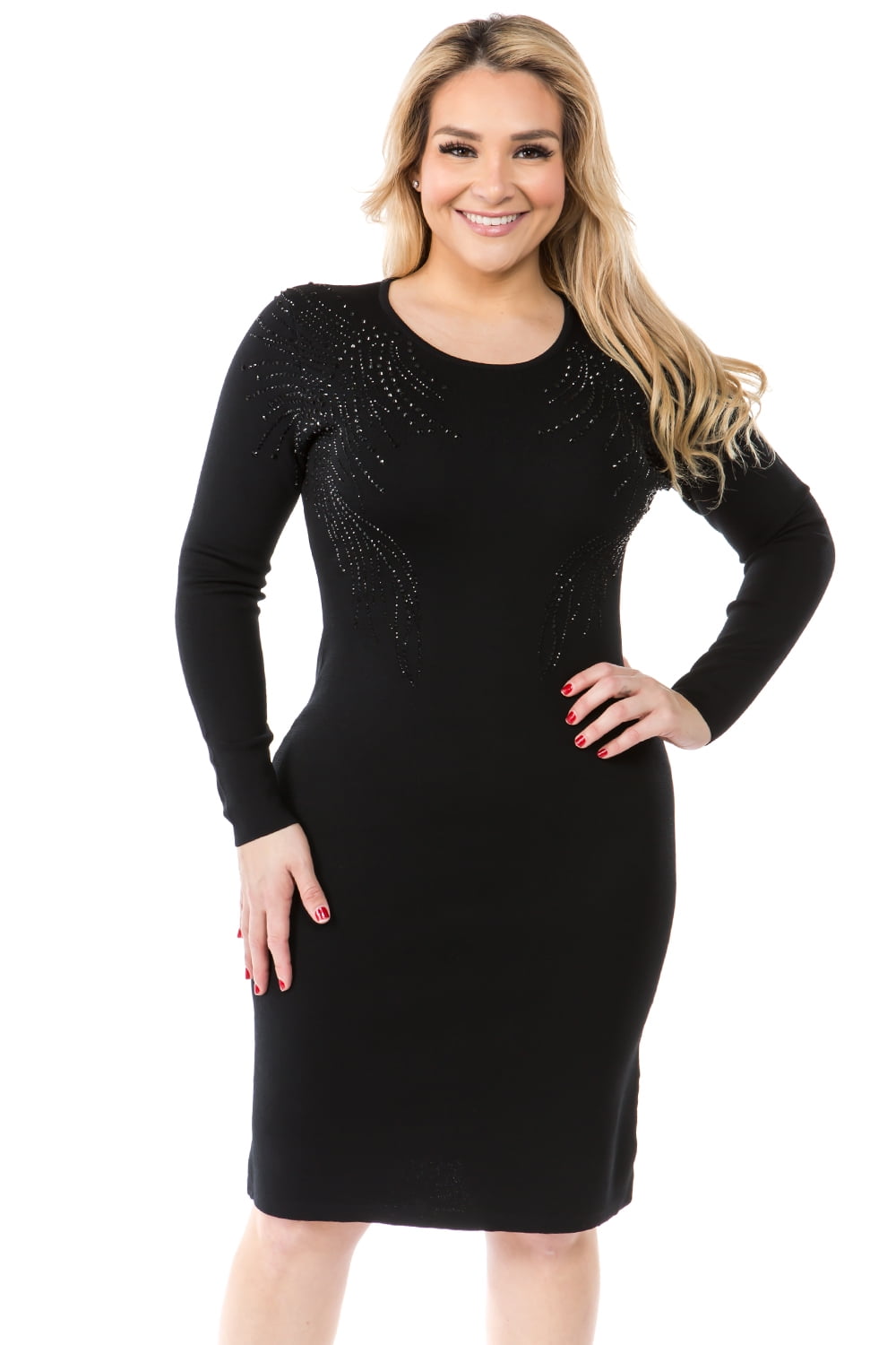 Black Knit Bodycon Dress with Stud Embellishments and Long Sleeves - Walmart.com Black Knit Bodycon Dress with Stud Embellishments and Long Sleeves - Walmart.com