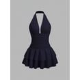 thumbnail image 1 of Black Knit & Woven Patchwork V-Neck Ruffle Backless Mini Dress, Ruched Waist, Elegant Vacation Casual Wear, 1 of 10