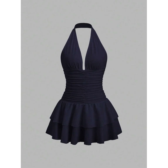 Black Knit & Woven Patchwork V-Neck Ruffle Backless Mini Dress, Ruched Waist, Elegant Vacation Casual Wear