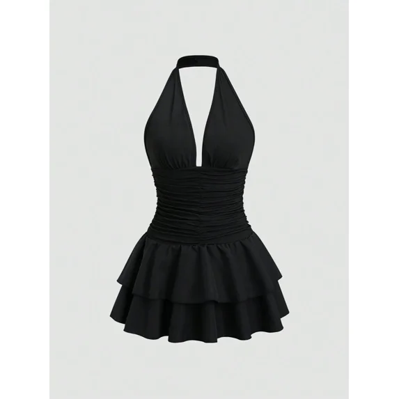 Black Knit & Woven Patchwork V-Neck Ruffle Backless Mini Dress, Ruched Waist, Elegant Vacation Casual Wear