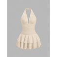 thumbnail image 1 of Black Knit & Woven Patchwork V-Neck Ruffle Backless Mini Dress, Ruched Waist, Elegant Vacation Casual Wear, 1 of 10