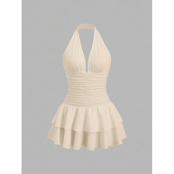 Black Knit & Woven Patchwork V-Neck Ruffle Backless Mini Dress, Ruched Waist, Elegant Vacation Casual Wear