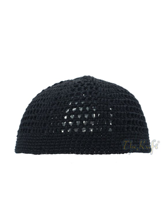 Black Kufi Tight Loose Weave Design Crochet Knit Cap (S-22"(56cm))