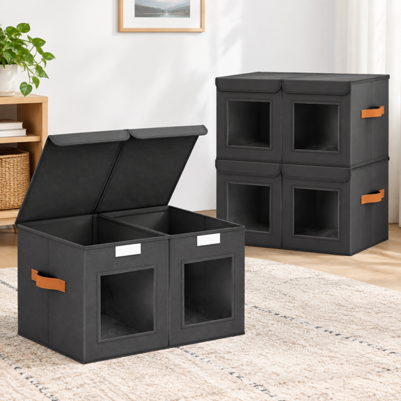Black L(2-Pack) Large Collapsible Divided Fabric Clothes Storage Chest with Lids and Windows