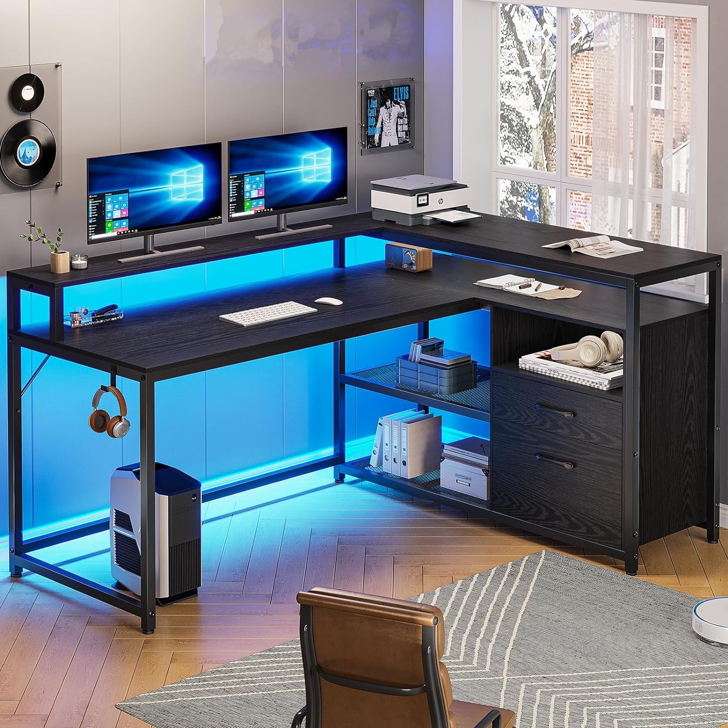 Black L Shaped Computer Desk with File Drawers&LED Lights, 55'' Home Office Gaming Corner Desk