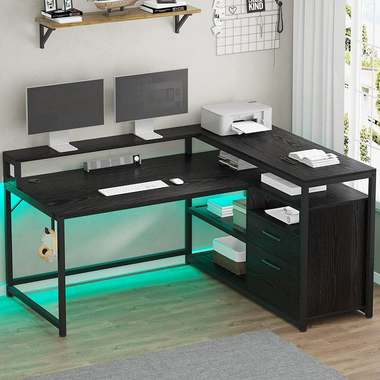 Tribesigns Reversible L Shaped Computer Desk with Monitor Stand, 69 inch Large Corner Desk with Storage Shelf, Industrial Computer Table Writing Desk