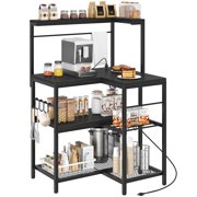 Black L-Shaped Corner Bakers Rack with Power Outlet, 4-Tier Coffee Bar