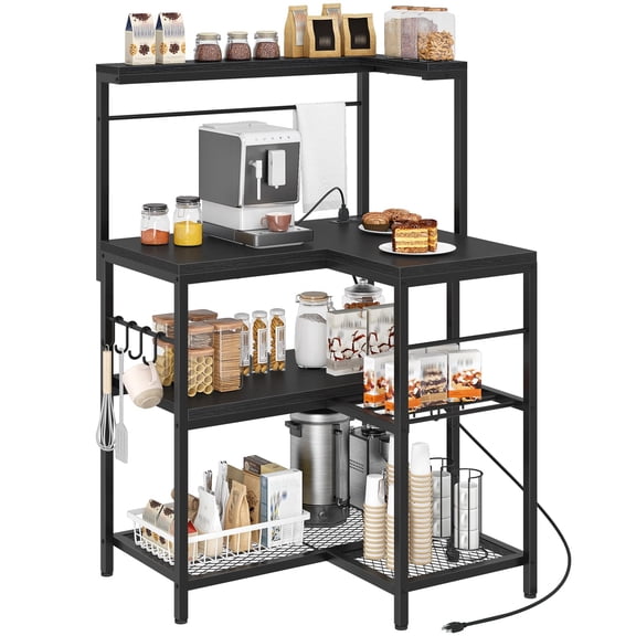 Black L-Shaped Corner Bakers Rack with Power Outlet, 4-Tier Coffee Bar