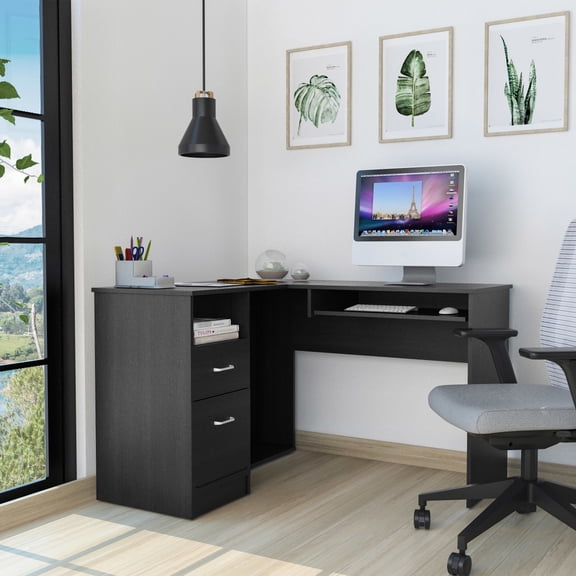 Black L-Shaped Desk with Metal Handles / Retractable Tray, Sturdy Build