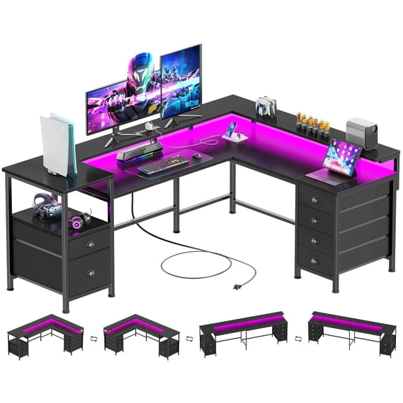 Black L-Shaped Gaming Desk With 6 Drawers, LED Lighting & Cable Management