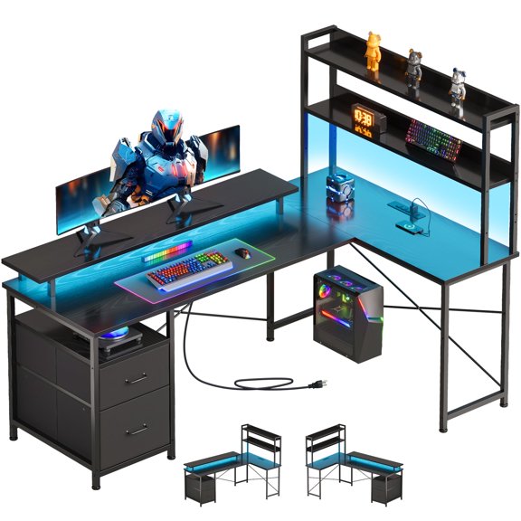 Black L-Shaped Gaming Desk With LED Lighting, Monitor Stand, Storage