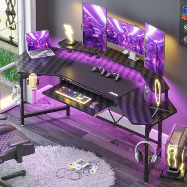 Black L Shaped Gaming Desk with LED Lights for Home Office, Computer