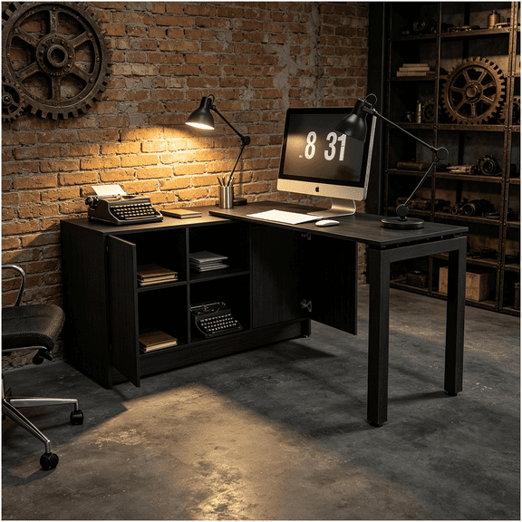 Black L-Shaped Home Office Desk with Rotating Design for Small Workspace, Engineered Wood Computer Table