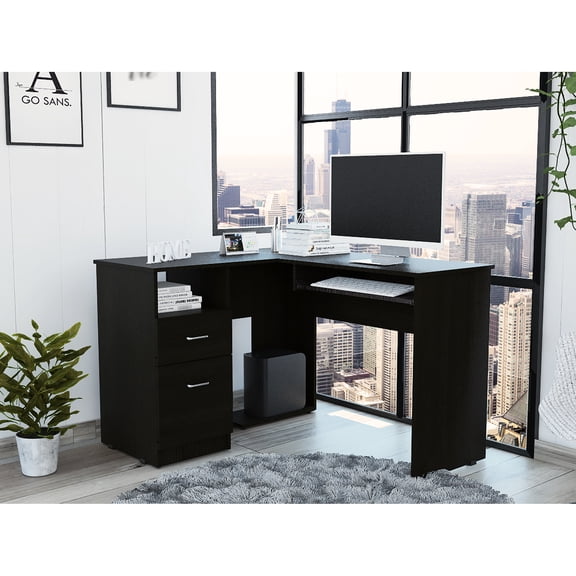 Black L-shaped Desk Having Two Drawers, Keyboard Tray And Unornamented Shelf In With Retractable Drawers