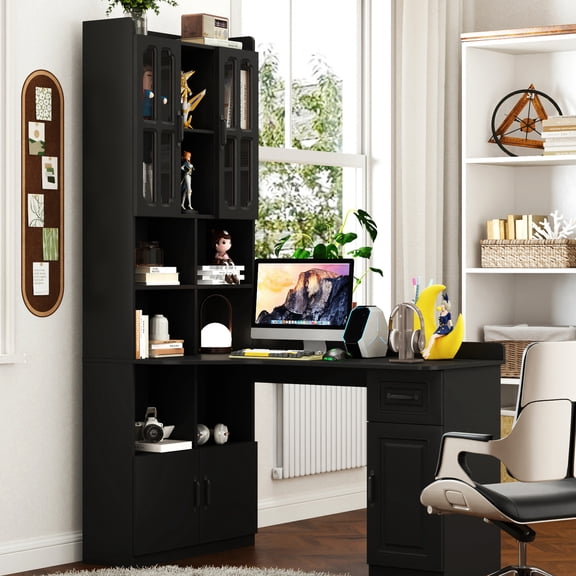 Black L-shaped Desk For Home & Office Use. 21 Design, Large Working Area, Ample Storage Options With Drawer Open Shelf, Black. 21, Workspace, Abundant Space