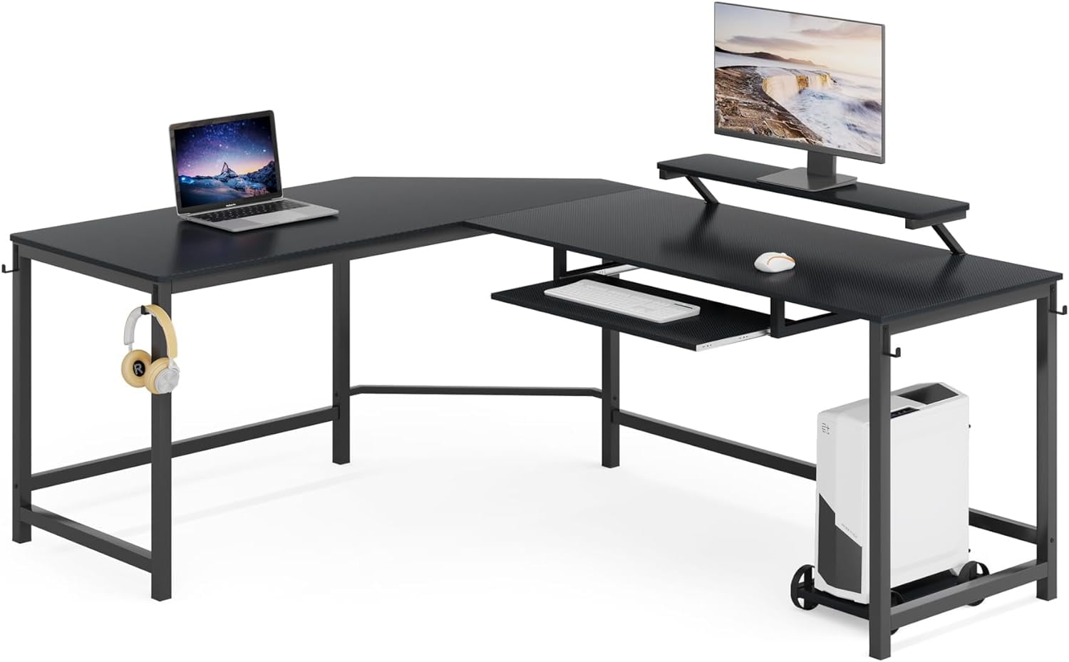 Black L shaped desk with Keyboard Tray, Corner Computer Desk with