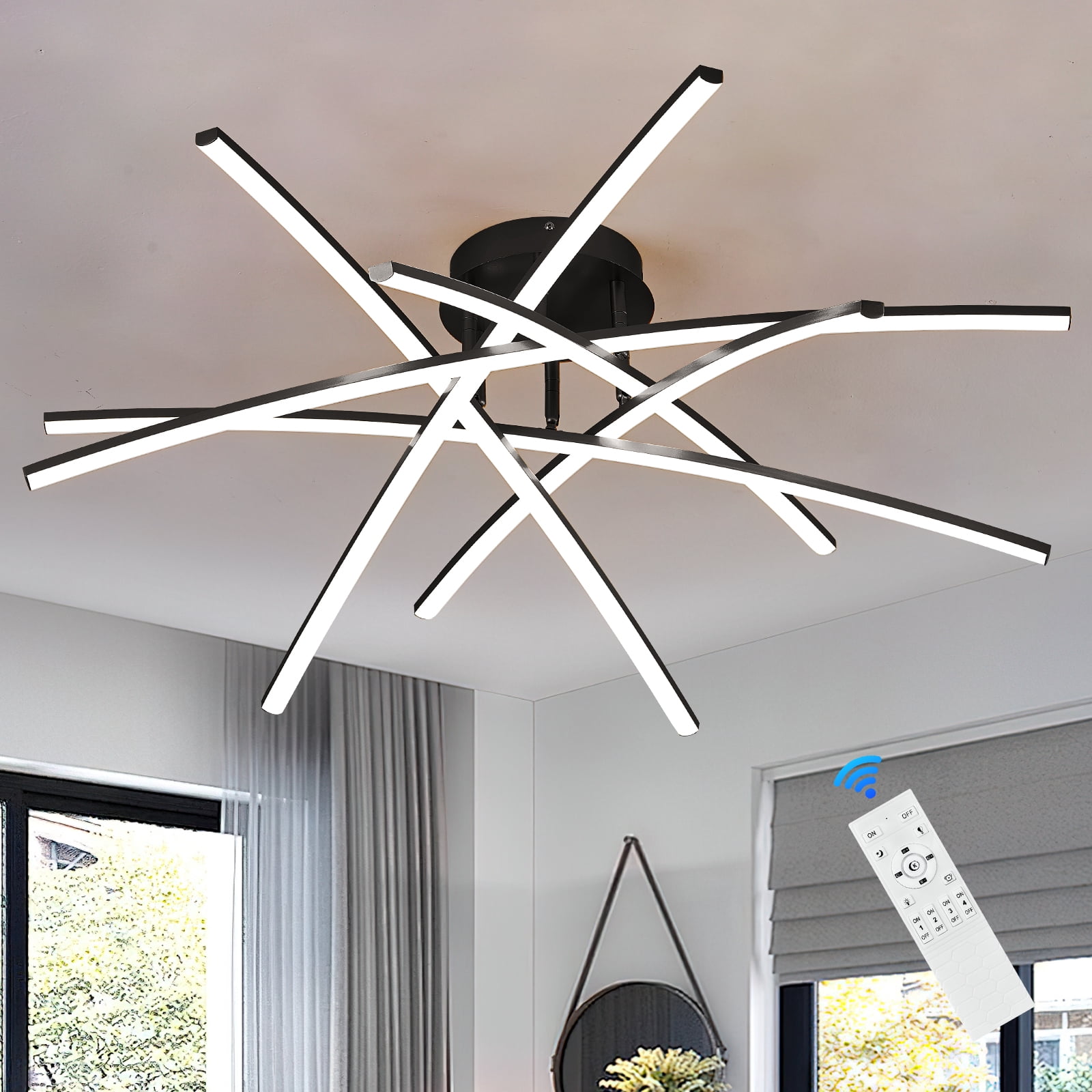 Black LED Chandelier Semi Flush Mount Ceiling Light, 65W Remote Control Ceiling Lighting Fixture for Living Room Dining Room Kitchen Bedroom 32.8” Close to Ceiling Light Dimmable 3000K-6000K