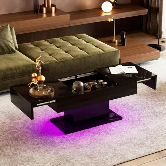Black LED Coffee Table with Storage for Living Room, Living Room Table Rectangular Center Table, Modern High Glossy Wooden Coffee Tables for Dining Reception Room