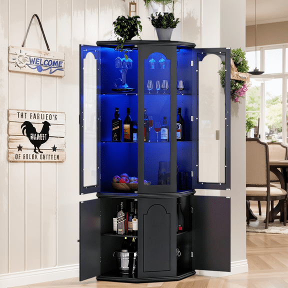 Black LED Corner Bar Cabinet, Modern Tall Liquor Storage Cabinet with Tempered Glass Door, Adjustable Shelves & Glass Rack for Home