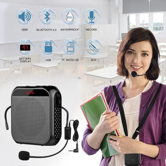 Black LED Display Bluetooth Portable Loudspeaker - Wireless Sound Amplifier with Microphone and Headset, Rechargeable Speaker for Outdoor Teaching Speech Public Speaking and Events, Black