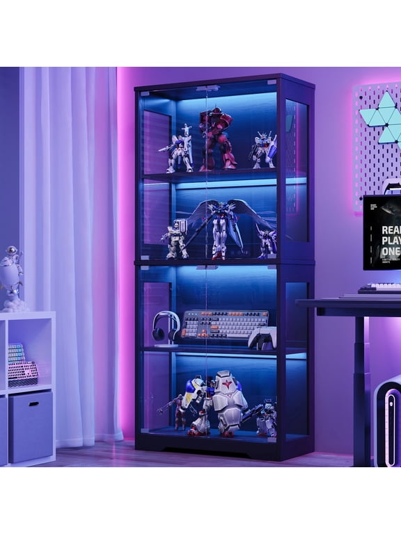 Black LED Display Cabinet with 4-Tier Tempered Glass Magnetic Doors, Tall Dustproof Curio Storage Shelf for Gundam Figures, Collectibles, Game Gear, Modern Display Rack for Gaming Room Bedroom