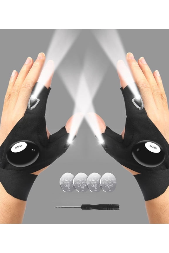 Black LED Flashlight Gloves Hands-Free Finger Light for Camping Fishing Repairing