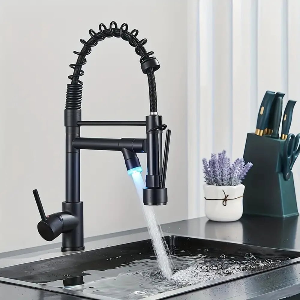 Black LED Kitchen Faucet Sink Mixer Faucet Single Handle Pull Down Sprayer Taps