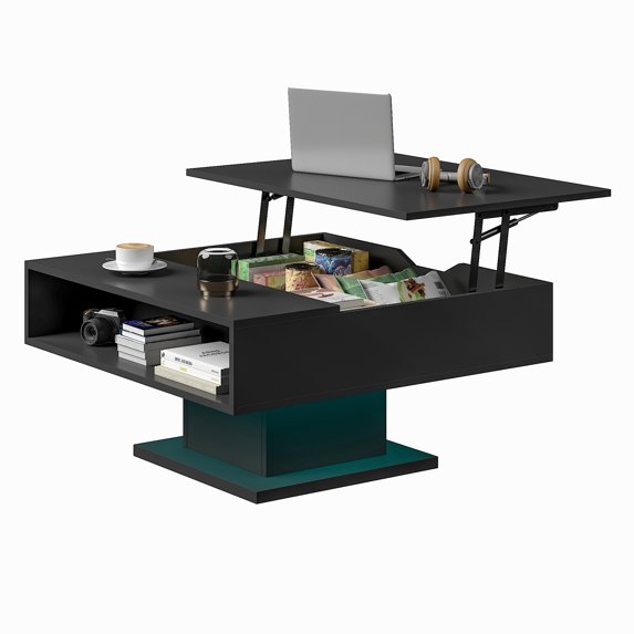 Black LED Lift Top Coffee Table: Square Wood Center Table with Hidden Storage for Living Room, Modern Design for Dining & Reception Areas