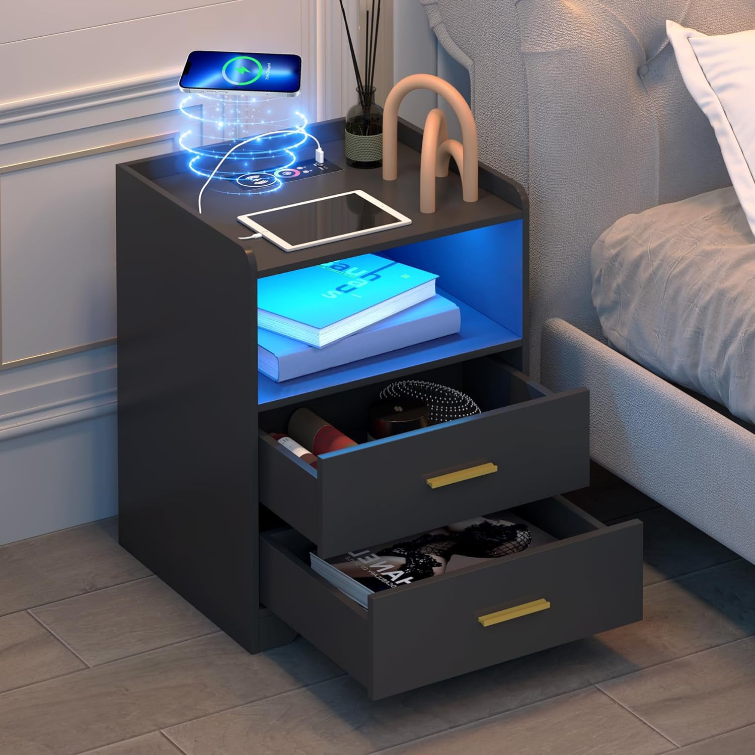 Black LED Nightstand with Charging Station, Night Stands with 24Color