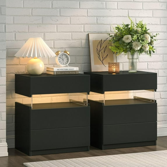 Black LED Nightstand Set of 2,Night Stand Set 2,Modern Night Stand with 3 Drawers,Night Stands for Bedroom Set of 2,Bedside Table with Silent Slide Drawer