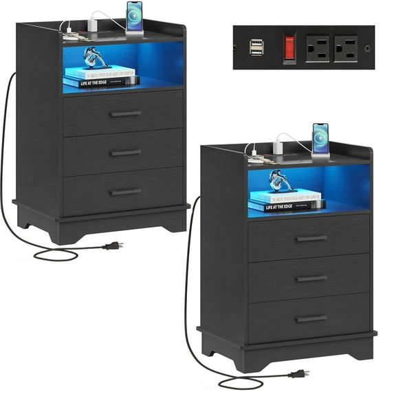 Black Nightstand Set of 2 with Charging Station & 3 Drawers, Bedside Table with Open Storage&LED Lights for Bedroom Living Room