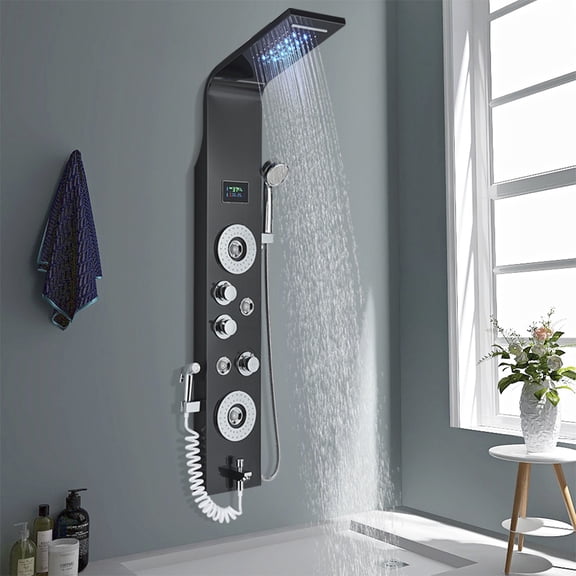 Black LED Shower Panel Tower Rain Shower System Massage Body Jets Faucet Mixer