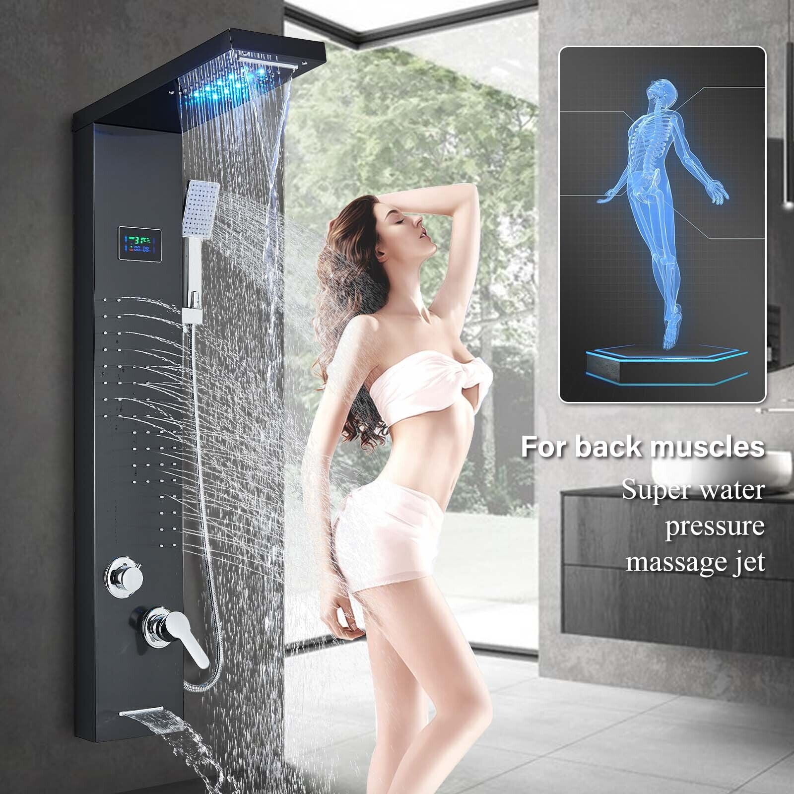 Black LED Shower Panel Tower System Rain&Waterfall Massage Jets Stainless Steel