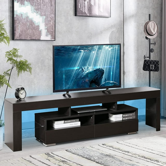 Black LED TV Stand for 70 Inch TVs, High Glossy Entertainment Center