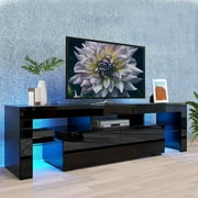 Black LED TV Stand Entertainment Center for 70 Inch TV, Modern High Glossy Media Furniture Cabinet with Large storge space