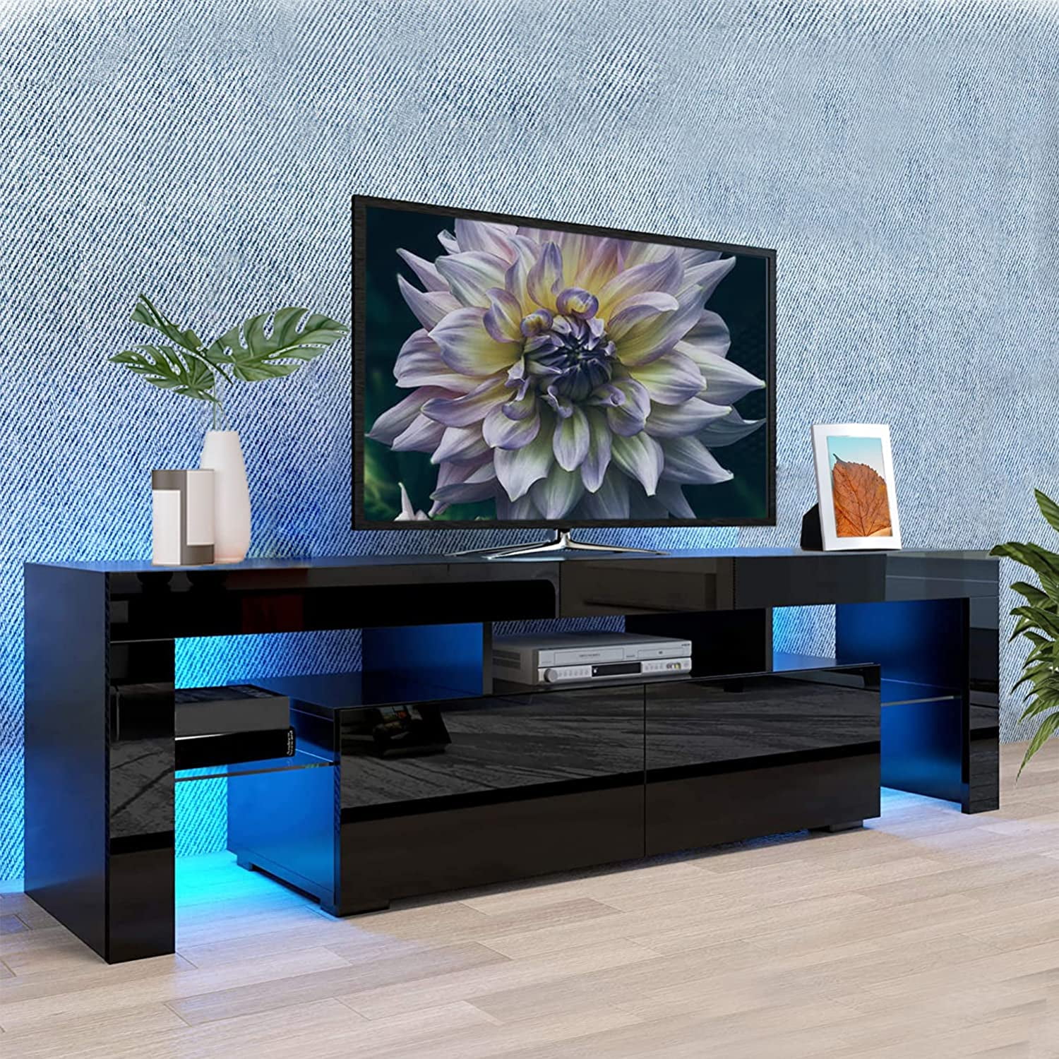 Black LED TV Stand Entertainment Center for 75 Inch TV, Modern High