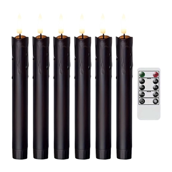 Black LED Taper Candles with Remote, Battery Operated Flameless Candlesticks, 6 Count, 7.1 in Plastic