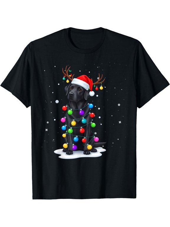 Black Lab Labrador Dog Funny Christmas Lights Reindeer Xmas T-Shirt