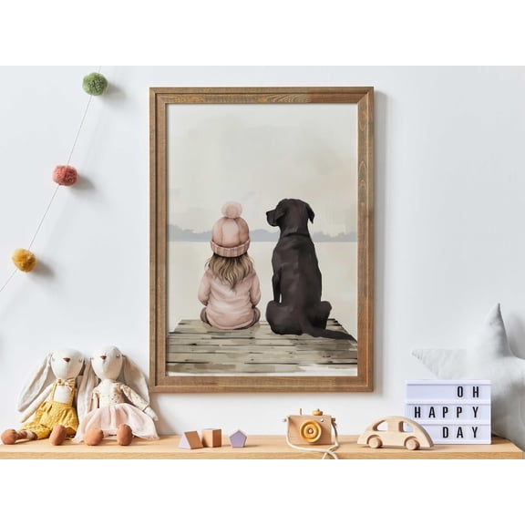 Black Lab Nursery Art Girl And Dog Lake Portrait Decor, Unframed Paper Poster 8x10in