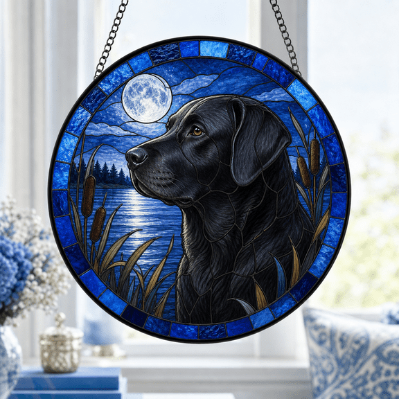 Black Lab Portrait Stained Glass Suncatcher Moonlit Lake Window Hanging Gift