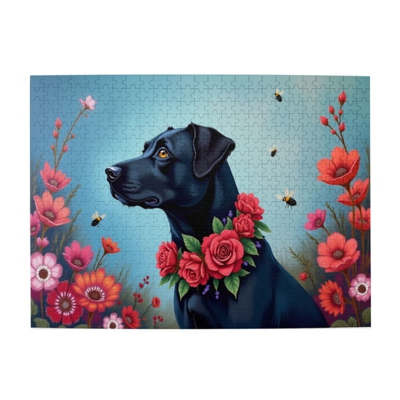 Black Lab With Roses 500Piece Adult Jigsaw Puzzle Floral Dog Bees Challenging And Relaxing Puzzle Unique Artwork Great Gift Idea 500 Pieces Puzzles For Adults 20.5X15In