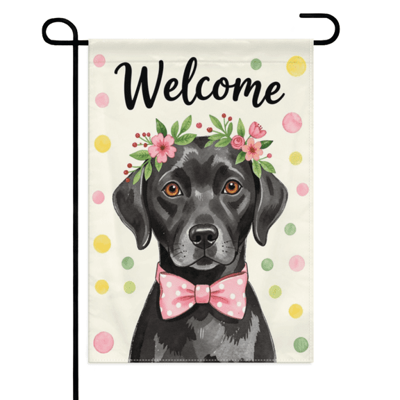 Black Lab Welcome Garden Flag 12×18in Double Sided Floral Wreath Dog with Pink Bow Tie Spring Summer Protected Outdoor Decor for Lawn Patio Yard
