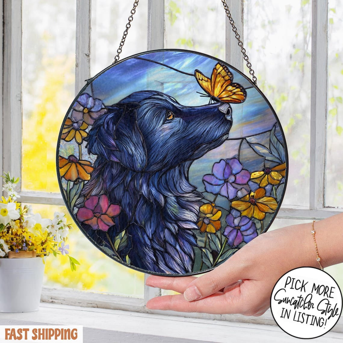 Black Lab with Butterfly Glass Suncatcher, Floral Dog Memorial, Pet Lover Window Decor, 6.3 in